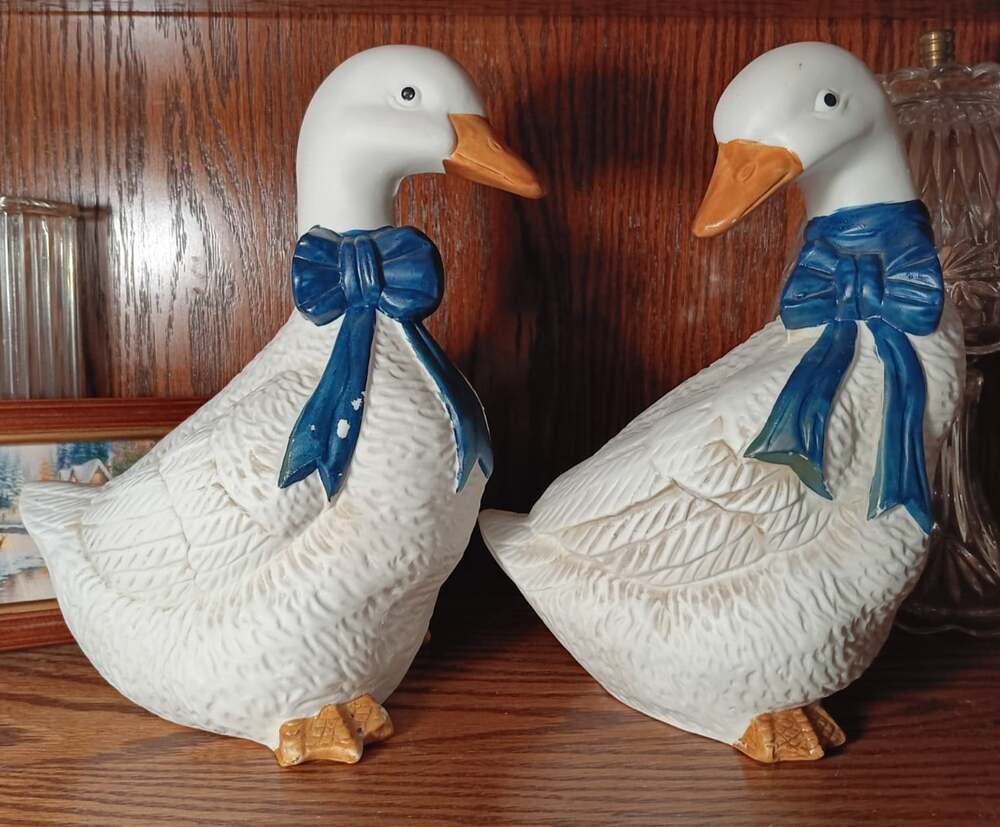 Vintage Goose Ceramic Figurines Blue White Shelf Sitter Cottagecore Lot of 2